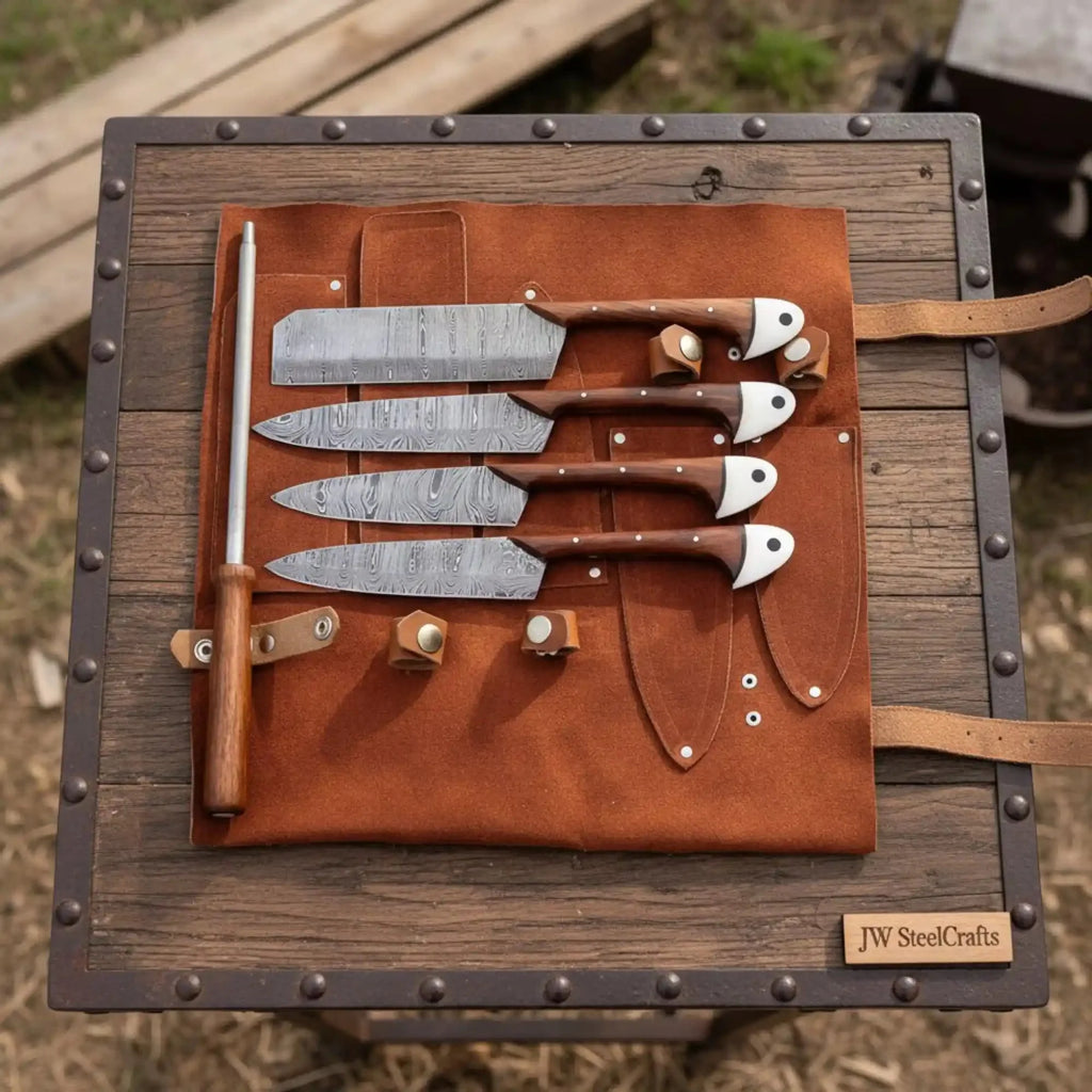 Handmade Damascus Kitchen Knife Set with Leather Roll and Sharpening Rod Rose Wood Handle Professional Chef Knife Collection JW SteelCrafts