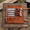 Handmade Damascus Kitchen Knife Set with Leather Roll and Sharpening Rod Rose Wood Handle Professional Chef Knife Collection JW SteelCrafts