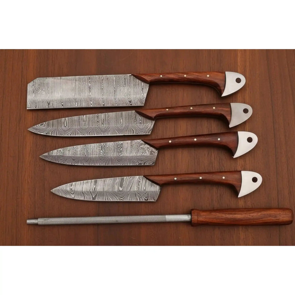 Handmade Damascus Kitchen Knife Set with Leather Roll and Sharpening Rod Rose Wood Handle Professional Chef Knife Collection JW SteelCrafts