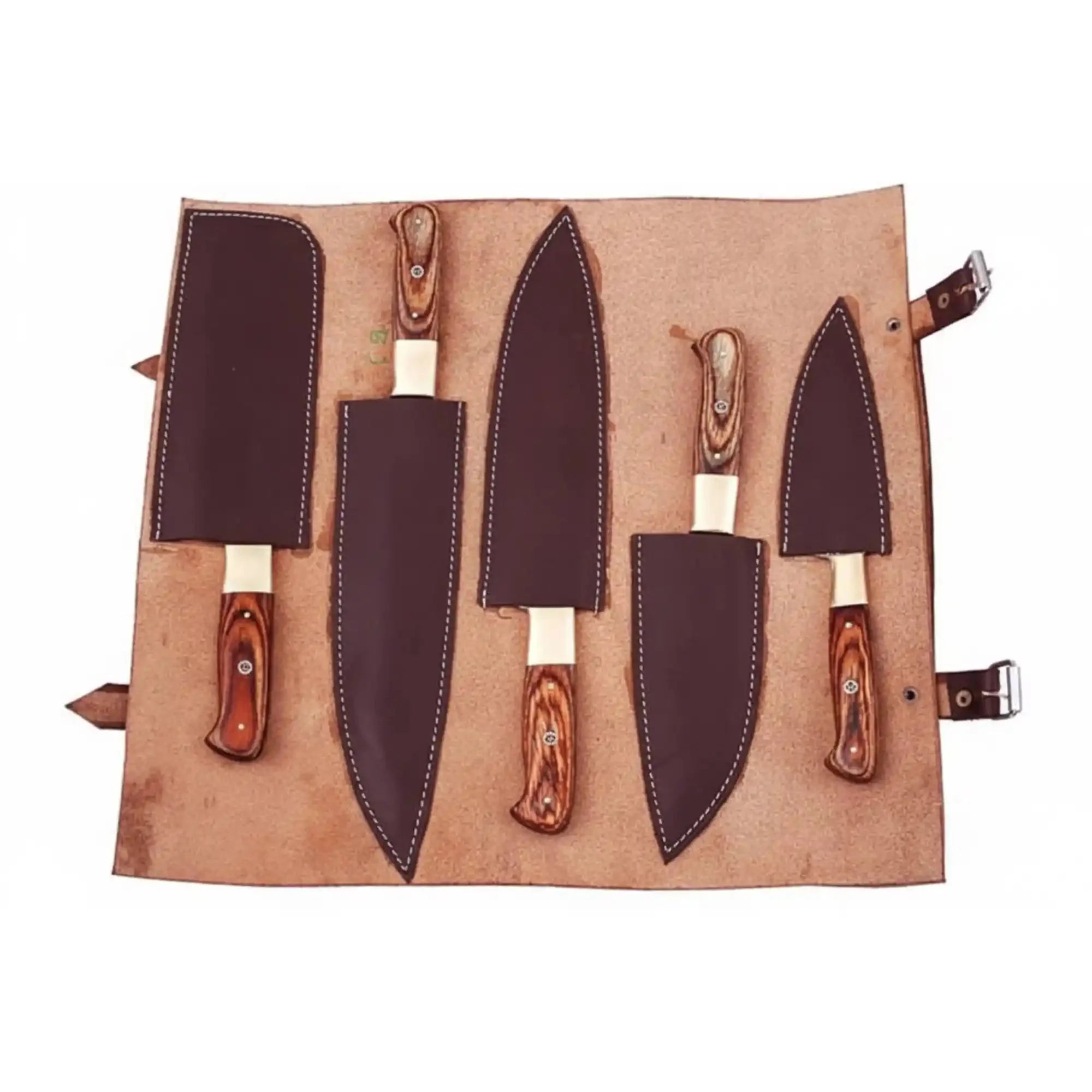 Handmade Damascus Kitchen Knife Set with Pakka Wood Handles and Leather Roll, Full Tang Chef Santoku Cleaver Utility and Paring Knives, Professional Culinary Collection
