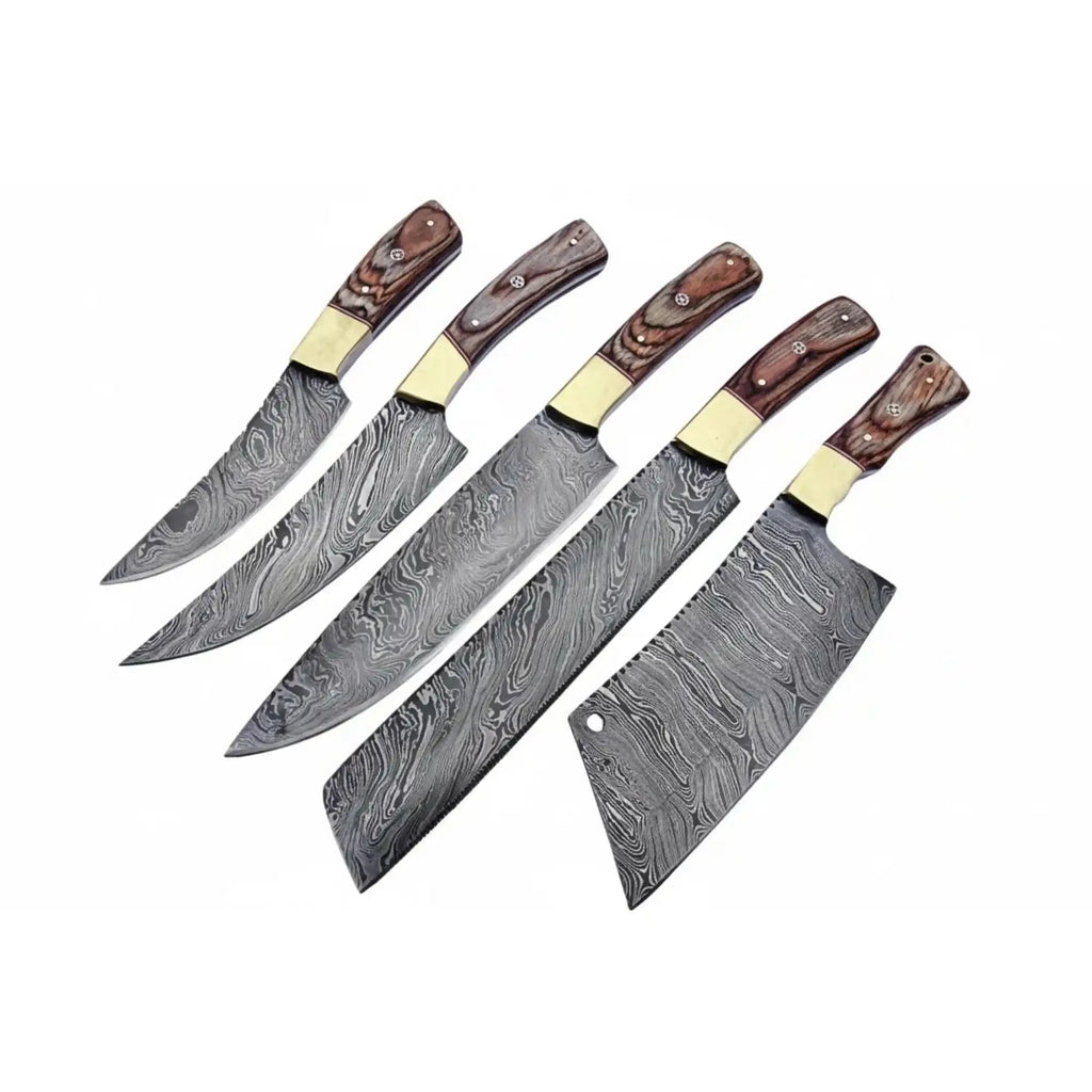 Handmade Damascus Kitchen Knife Set with Wooden Handles, Full Tang Chef Santoku Cleaver Utility and Paring Knives, Forged Damascus Steel Culinary Collection JW SteelCrafts