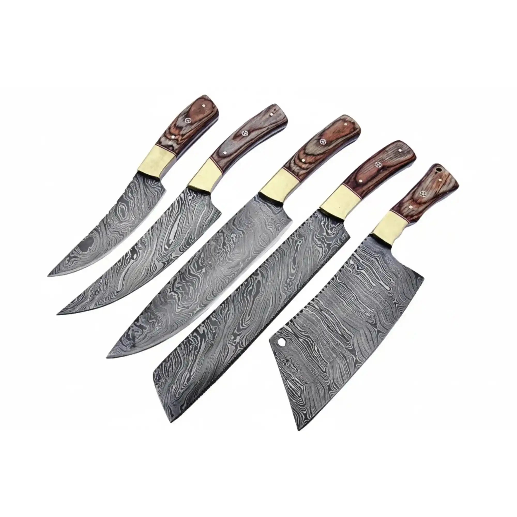 Handmade Damascus Kitchen Knife Set with Wooden Handles, Full Tang Chef Santoku Cleaver Utility and Paring Knives, Forged Damascus Steel Culinary Collection JW SteelCrafts