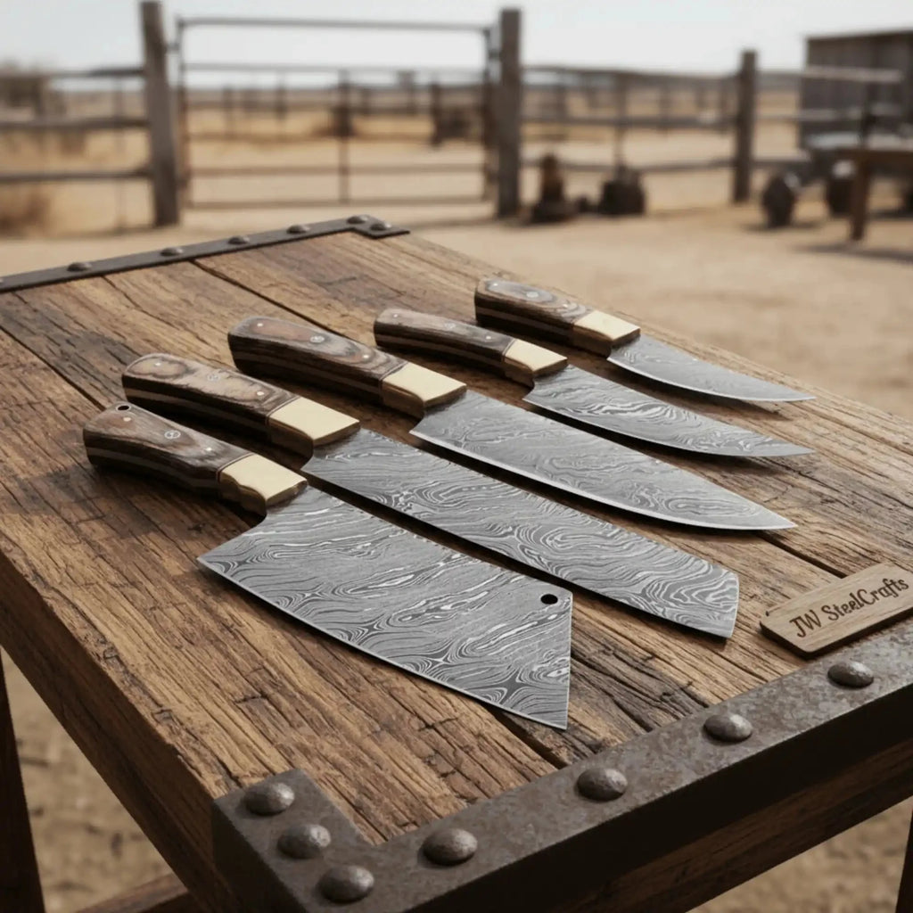 Handmade Damascus Kitchen Knife Set with Wooden Handles, Full Tang Chef Santoku Cleaver Utility and Paring Knives, Forged Damascus Steel Culinary Collection JW SteelCrafts