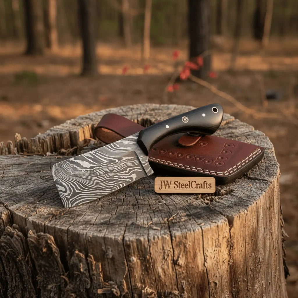 Handmade Damascus Mini Cleaver — Full Tang Small Butcher Cleaver with Green Pakka Handle & Leather Sheath