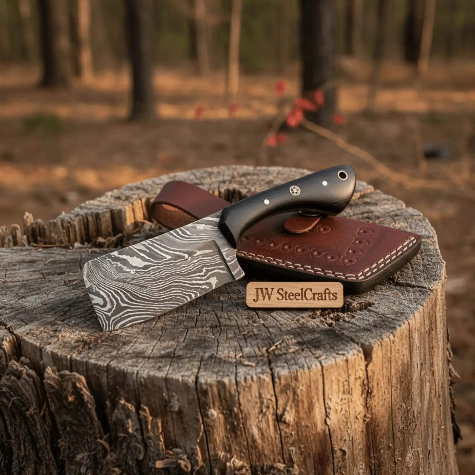 Handmade Damascus Mini Cleaver — Full Tang Small Butcher Cleaver with Green Pakka Handle & Leather Sheath