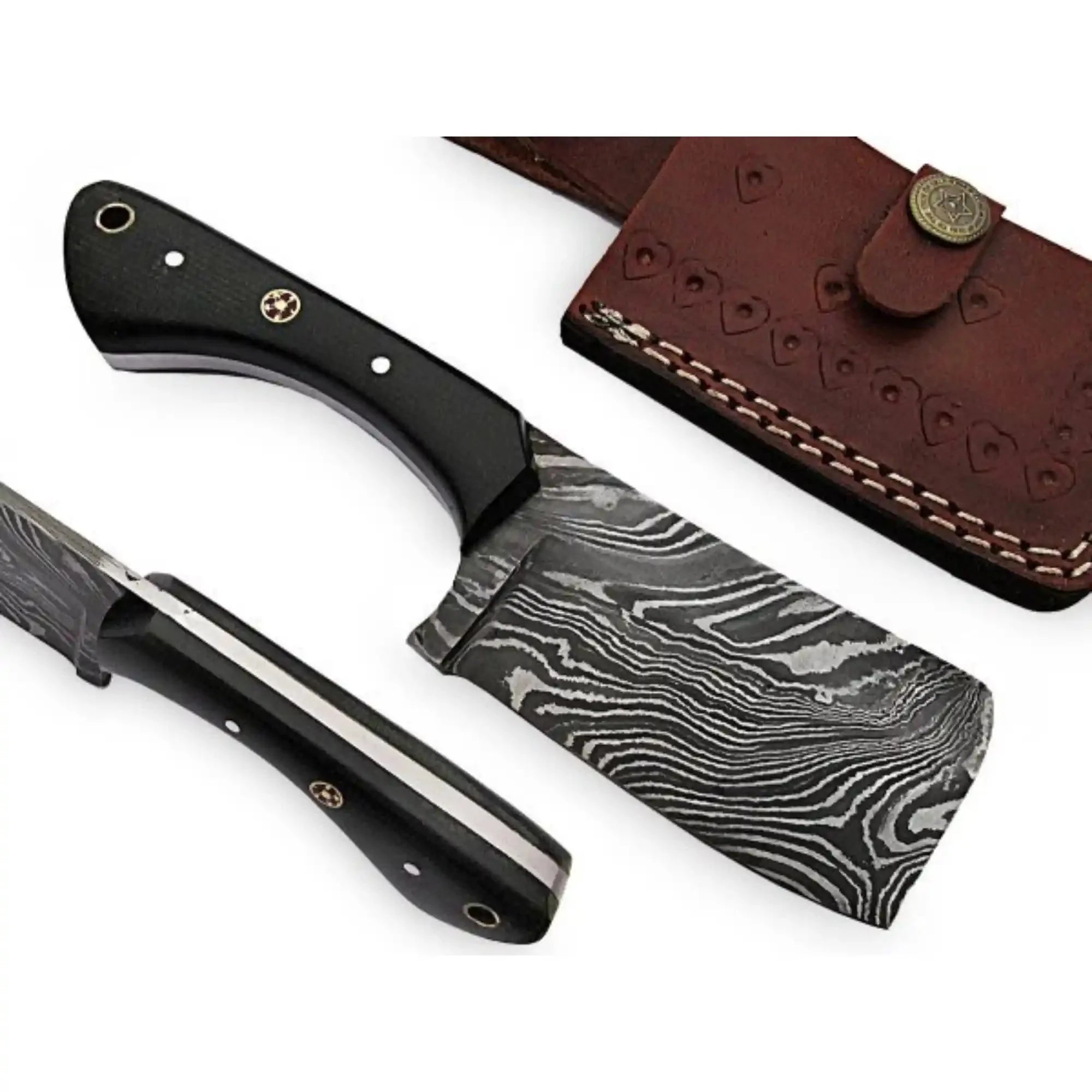Handmade Damascus Mini Cleaver — Full Tang Small Butcher Cleaver with Green Pakka Handle & Leather Sheath