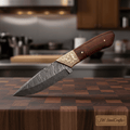 Handmade Damascus Petty Knife with Engraved Brass Bolster, Japanese Utility Knife, Forged Damascus Steel Kitchen Knife, Rosewood Handle, JW SteelCrafts