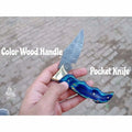 Handmade Damascus Pocket Knife | Colored Pakka Wood Folding EDC Knife