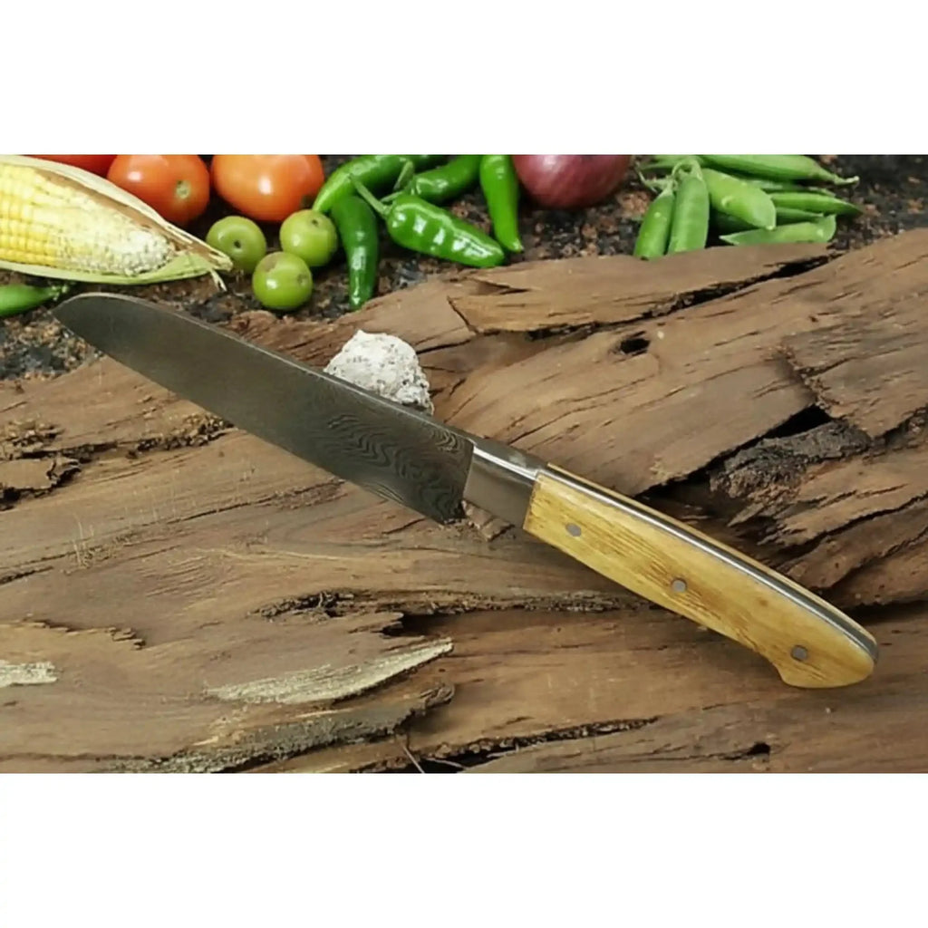 Handmade Damascus Santoku Knife, Full Tang Japanese Kitchen Knife with Olive Wood Handle and Steel Bolster, Forged Damascus Steel Chef Knife, JW SteelCrafts