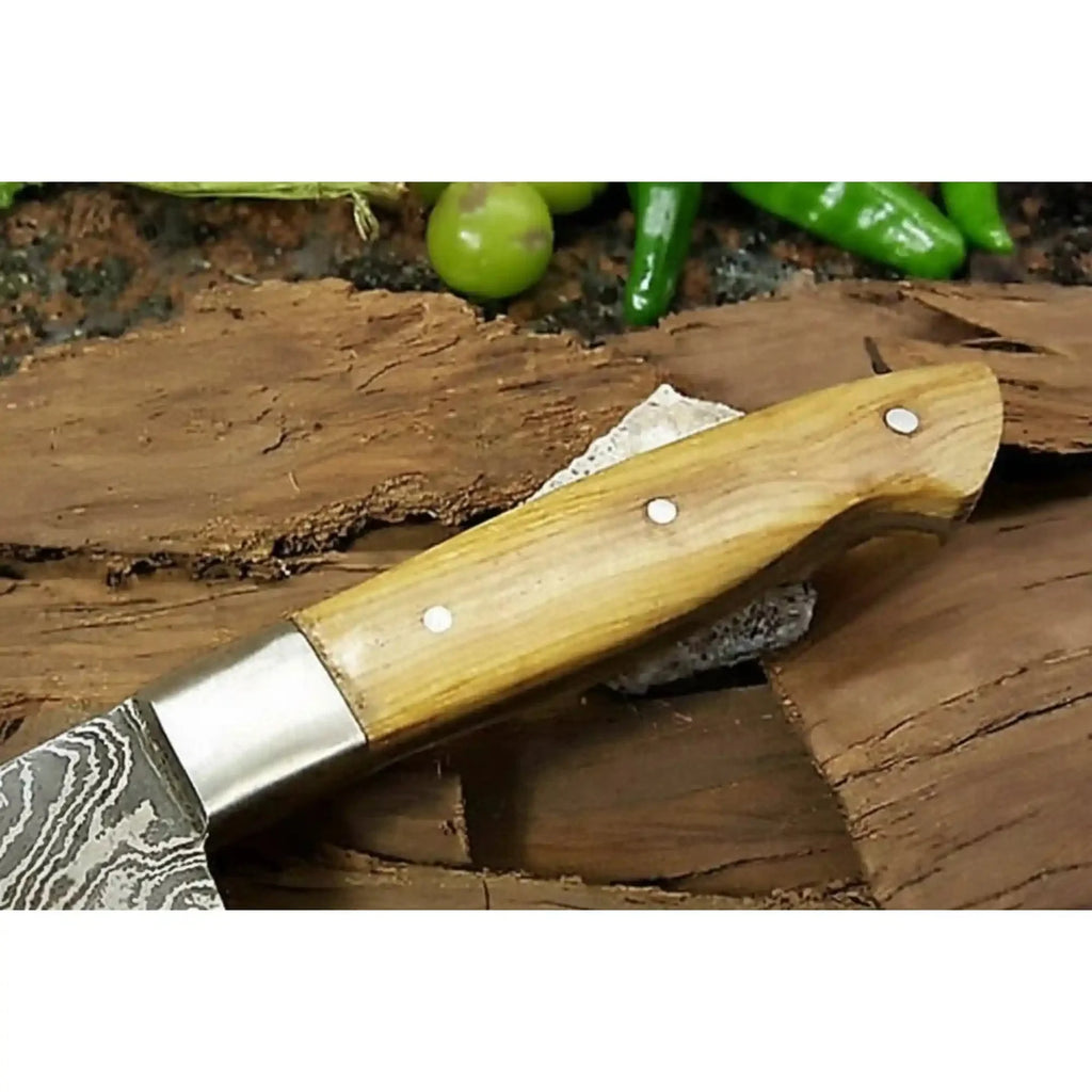 Handmade Damascus Santoku Knife, Full Tang Japanese Kitchen Knife with Olive Wood Handle and Steel Bolster, Forged Damascus Steel Chef Knife, JW SteelCrafts