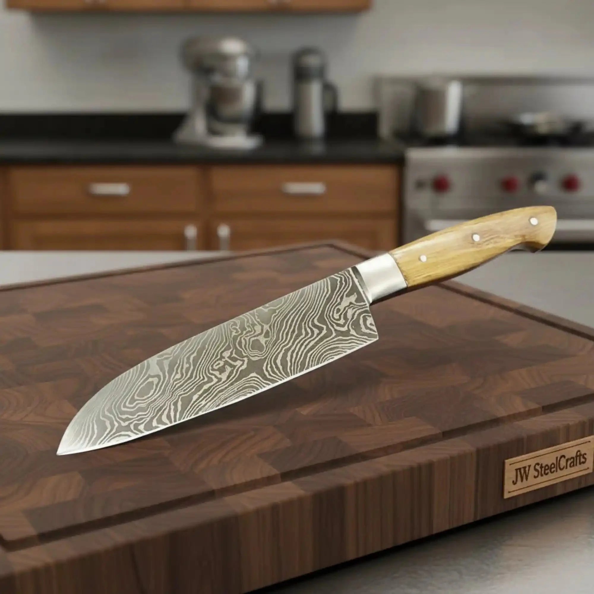 Handmade Damascus Santoku Knife, Full Tang Japanese Kitchen Knife with Olive Wood Handle and Steel Bolster, Forged Damascus Steel Chef Knife, JW SteelCrafts