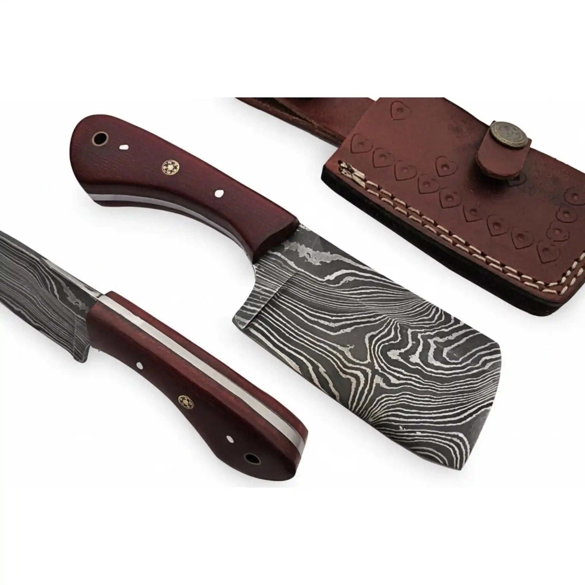 Handmade Damascus Skinner Knife Full Tang Twisted Pattern Blade Red Micarta Handle Mosaic Pin With Leather Sheath