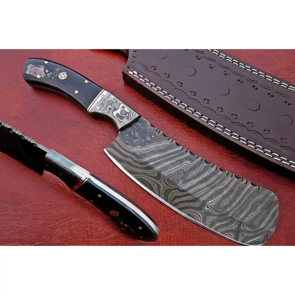 Handmade Damascus Skinner Knife with Damascus Bolster Black Micarta Handle Full Tang Hunting Bushcraft Knife with Leather Sheath