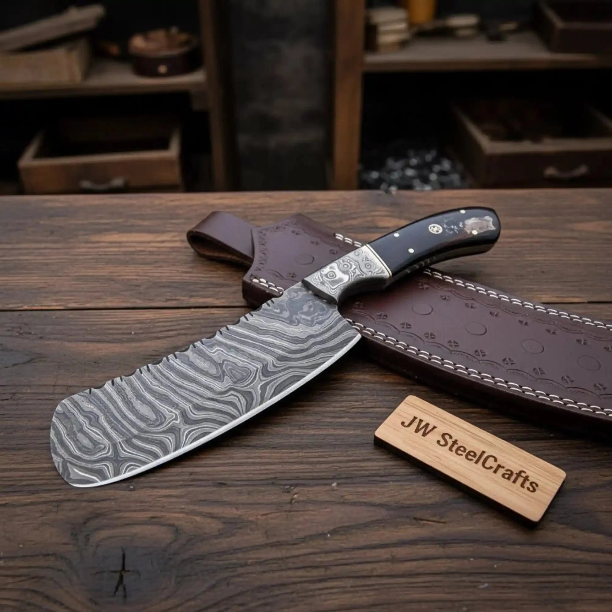 Handmade Damascus Skinner Knife with Damascus Bolster Black Micarta Handle Full Tang Hunting Bushcraft Knife with Leather Sheath