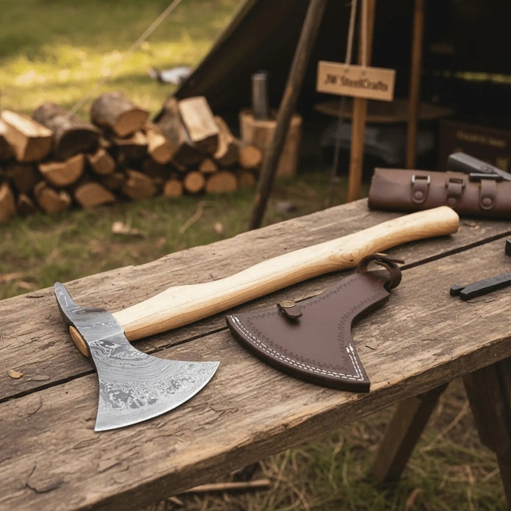 Handmade Damascus Steel Bearded Spike Axe – Hand Forged Viking Bearded Axe with Ash Wood Handle and Leather Sheath | JW SteelCrafts