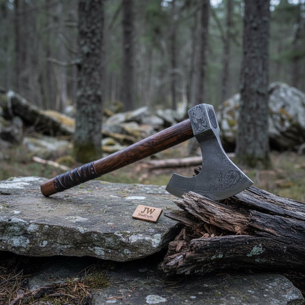 Handmade Damascus Steel Bearded Viking Axe with Hardwood Handle – Custom Forged Norse Camp Axe | JW SteelCrafts