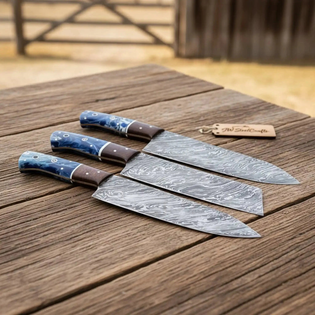 Handmade Damascus Steel Chef Knife Set, 3 Piece Kitchen Knife Set with Resin and Wood Handles, Professional Cooking Knives with Leather Roll, Custom Chef Gift Set JW SteelCrafts