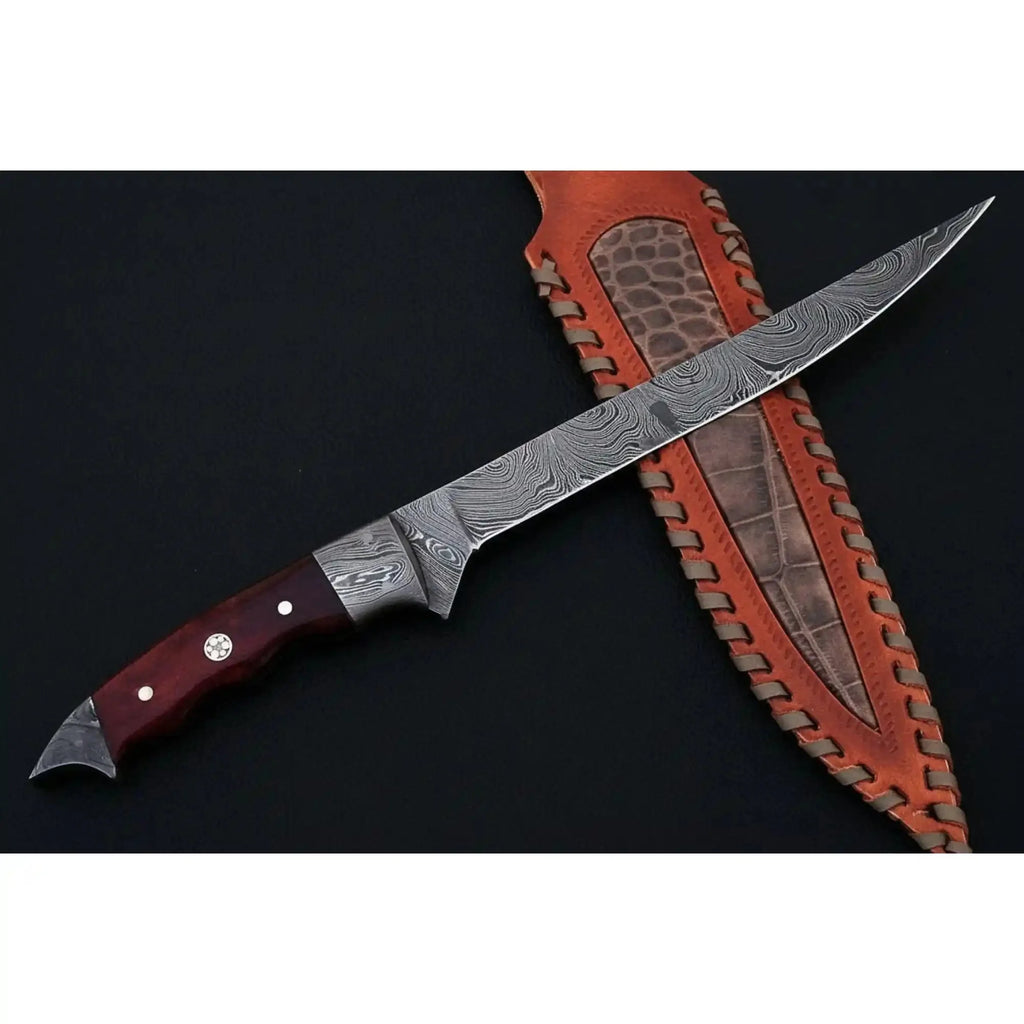 Handmade Damascus Steel Fillet Knife – 13 Inch Overall, 6 Inch Flexible Blade, Full Tang Fishing Knife with Hardwood Handle and Leather Sheath, Professional Fish Filleting Knife, JW SteelCrafts