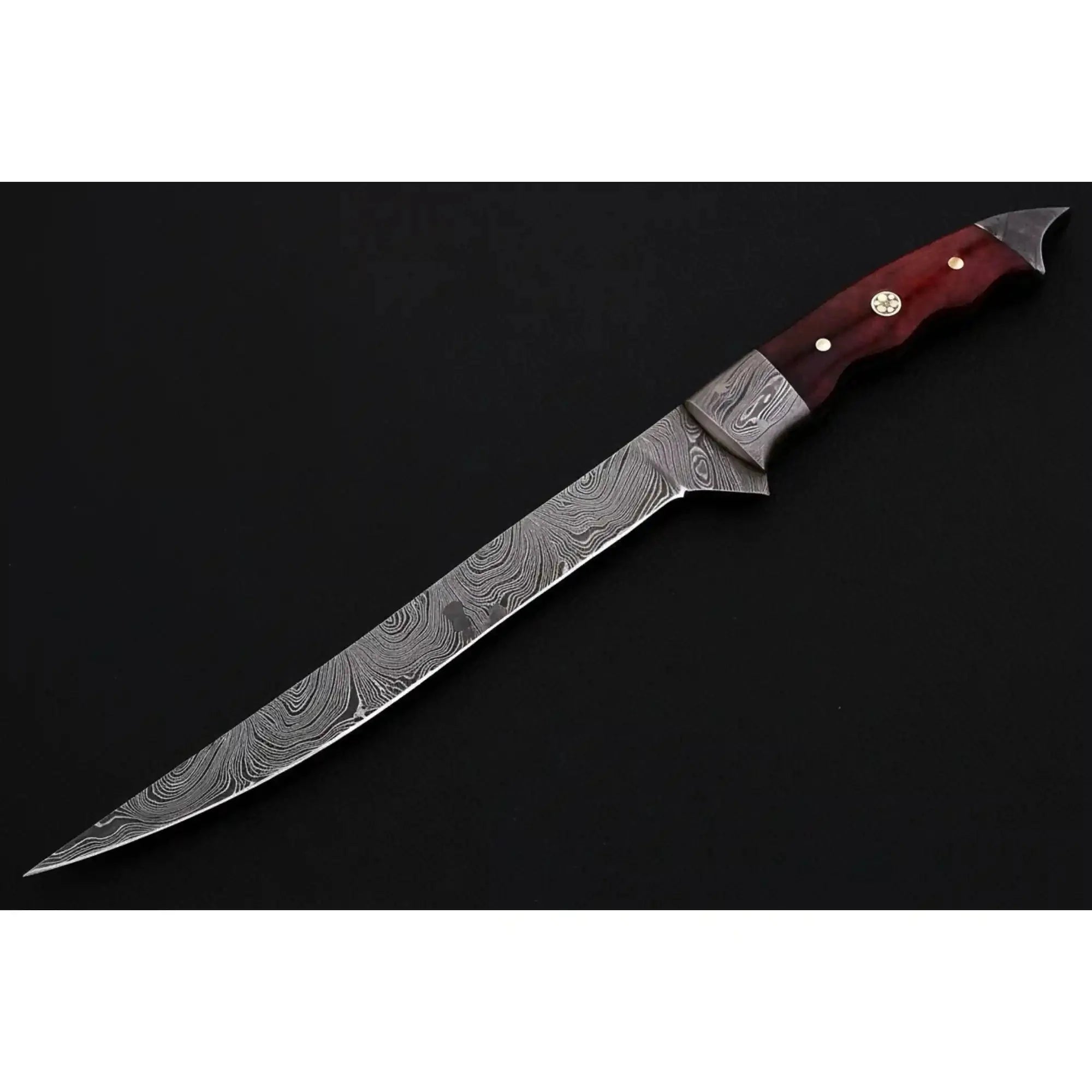 Handmade Damascus Steel Fillet Knife – 13 Inch Overall, 6 Inch Flexible Blade, Full Tang Fishing Knife with Hardwood Handle and Leather Sheath, Professional Fish Filleting Knife, JW SteelCrafts