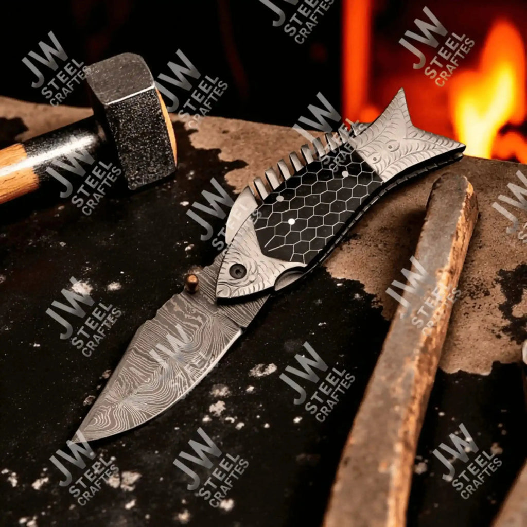 Handmade Damascus Steel Folding Knife – Black Honeycomb Handle, Engraved Bolster
