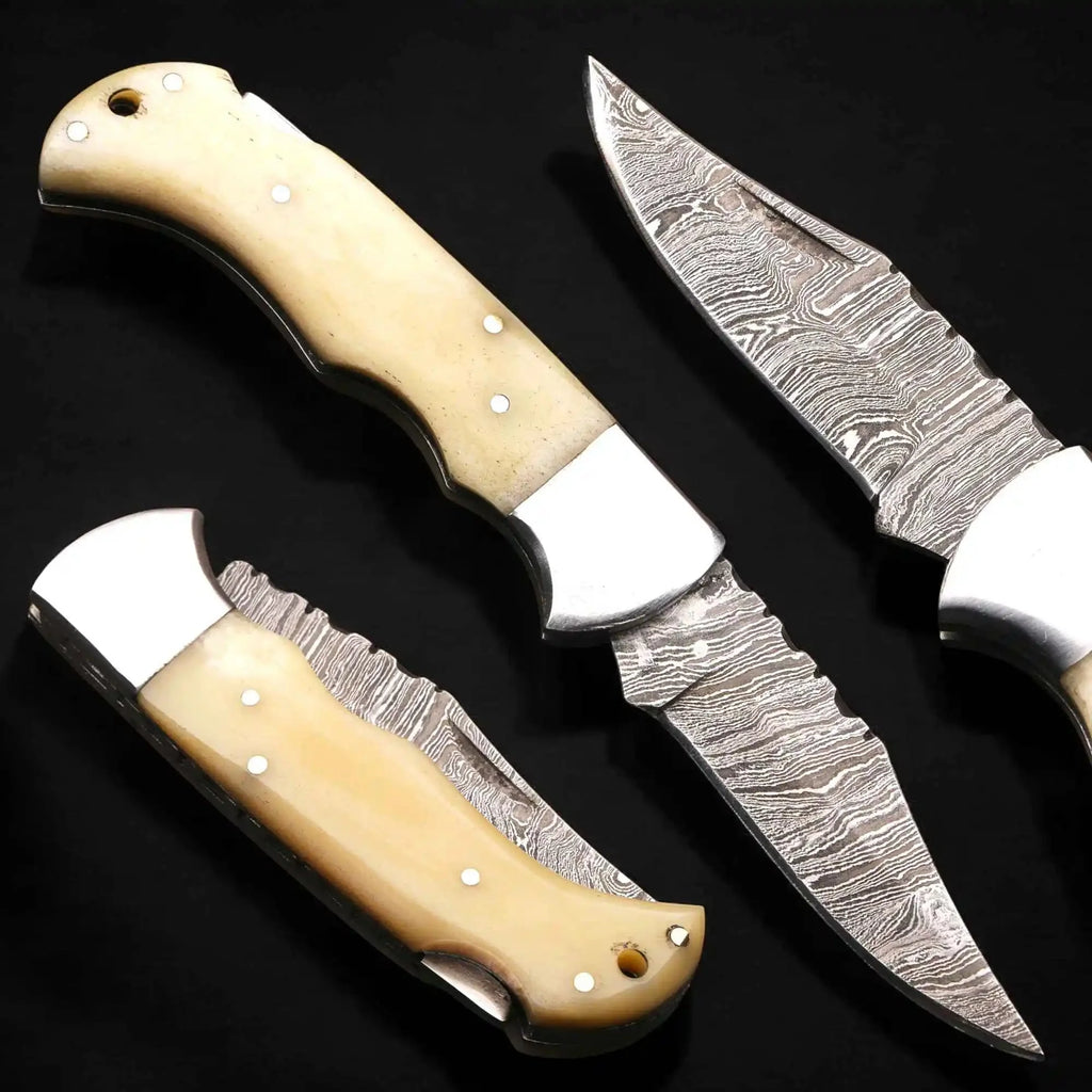 Handmade Damascus Steel Folding Knife – Camel Bone Handle (5 Handle Options)