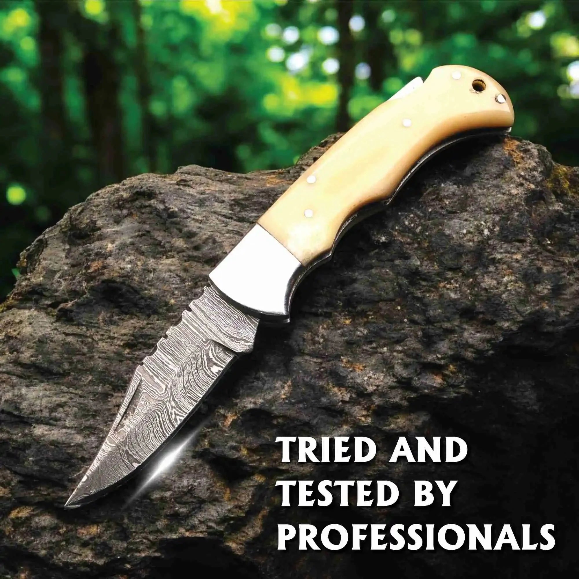 Handmade Damascus Steel Folding Knife – Camel Bone Handle (5 Handle Options)