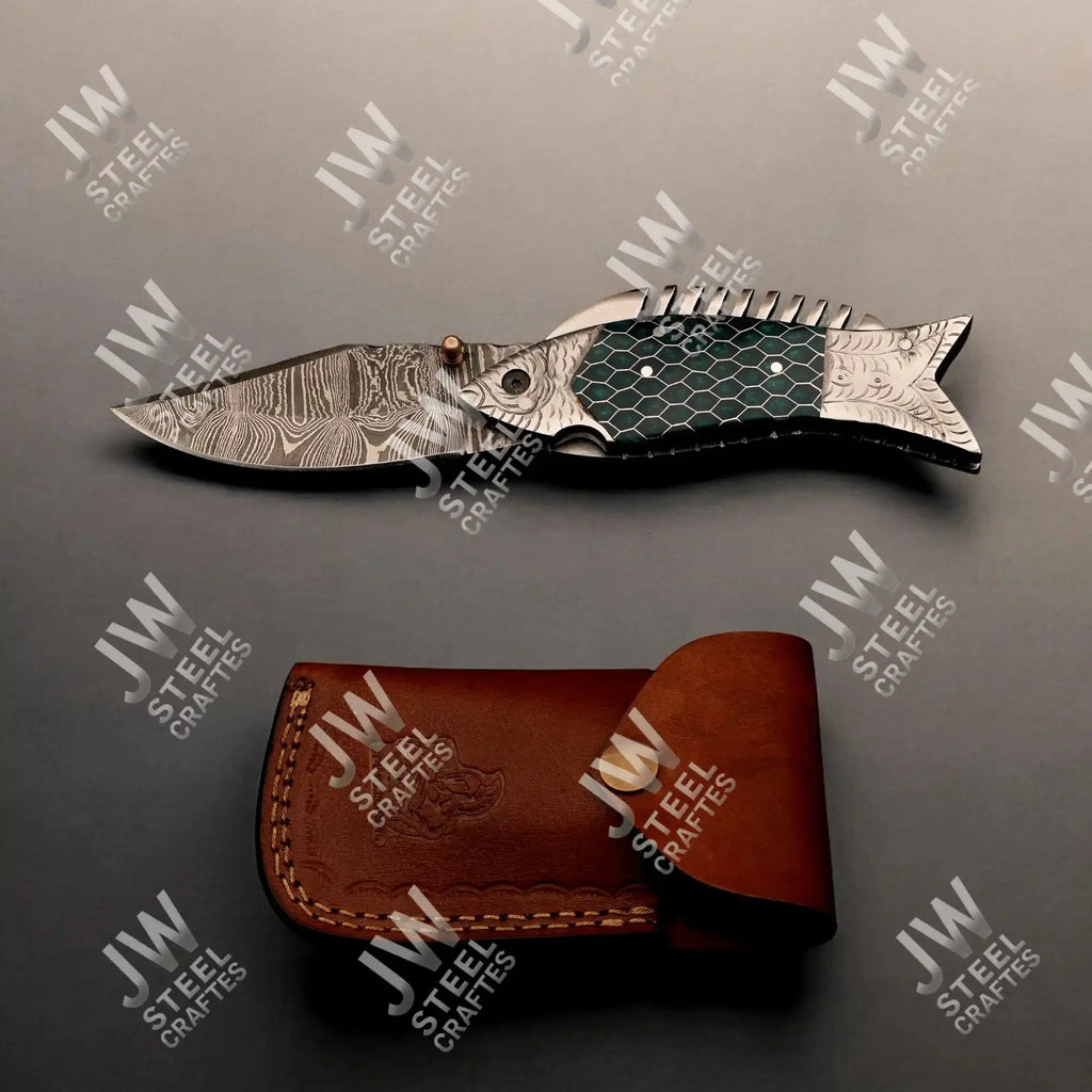 Handmade Damascus Steel Folding Knife – Green Honeycomb Handle