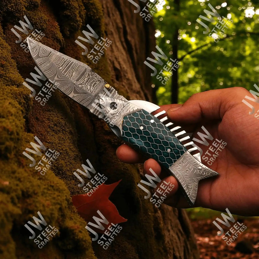 Handmade Damascus Steel Folding Knife – Green Honeycomb Handle