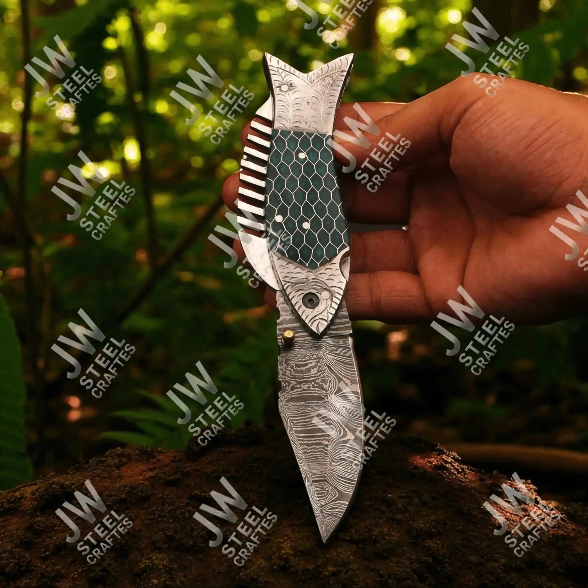 Handmade Damascus Steel Folding Knife – Green Honeycomb Handle
