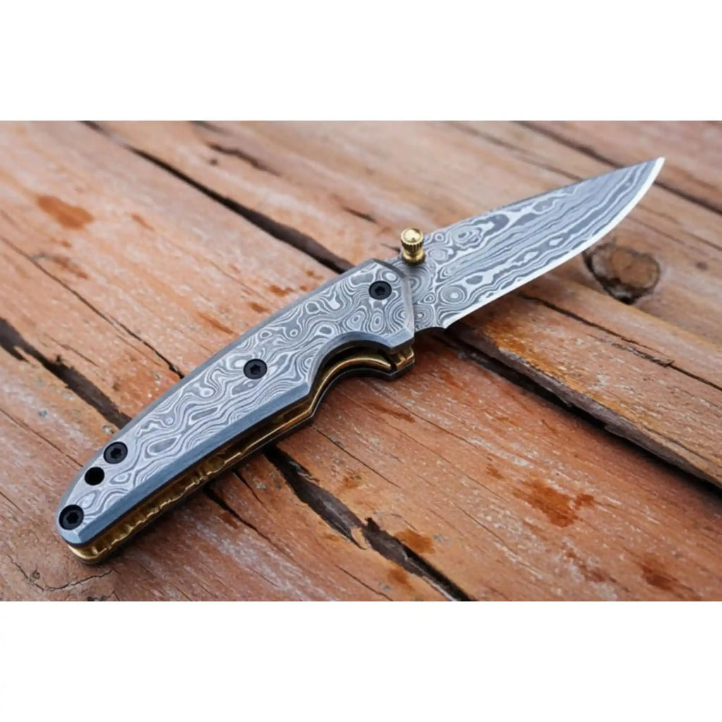 Handmade Damascus Steel Folding Knife with Dark Wood Handle & Leather Sheath