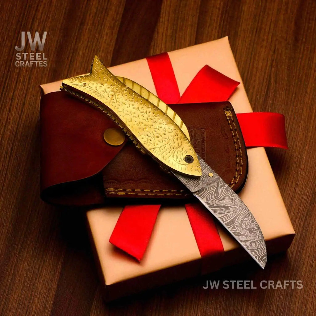 Handmade Damascus Steel Folding Knife with Engraved Brass Fish Handle