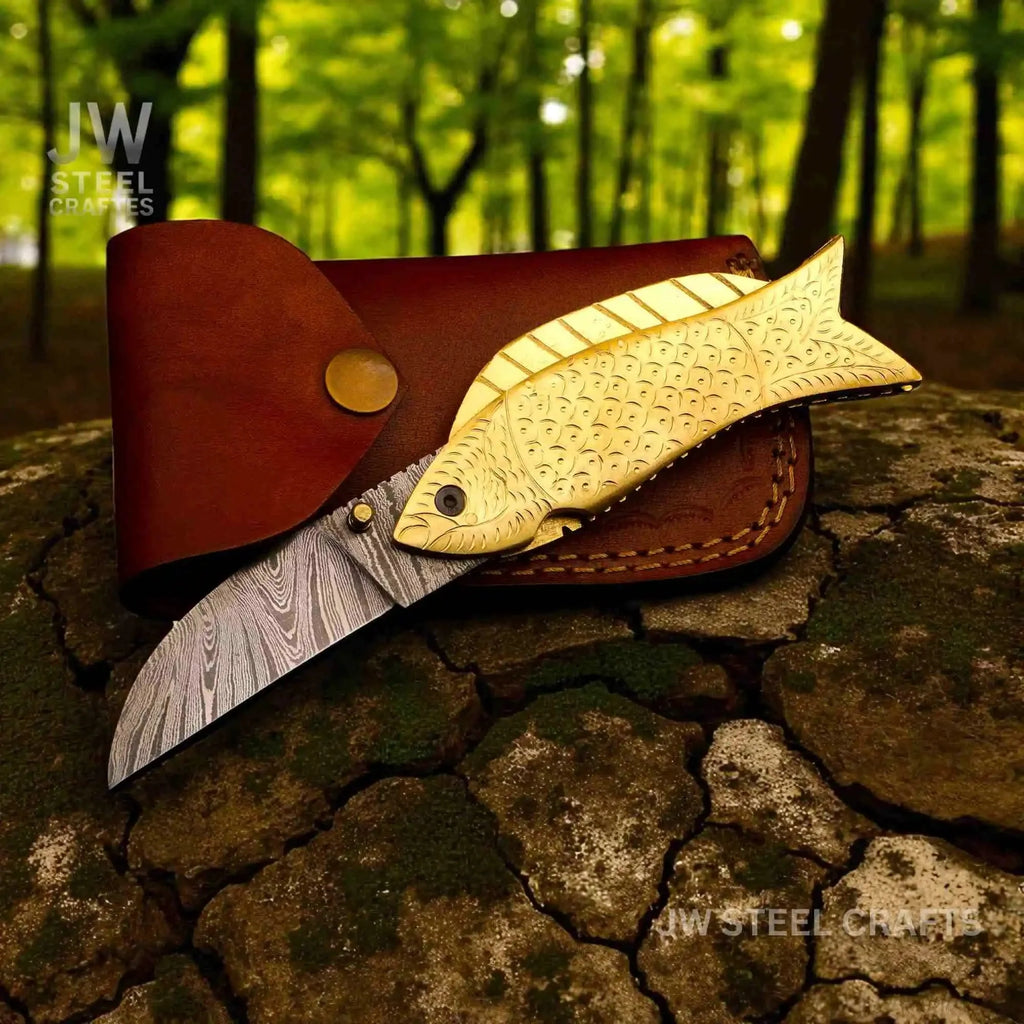 Handmade Damascus Steel Folding Knife with Engraved Brass Fish Handle