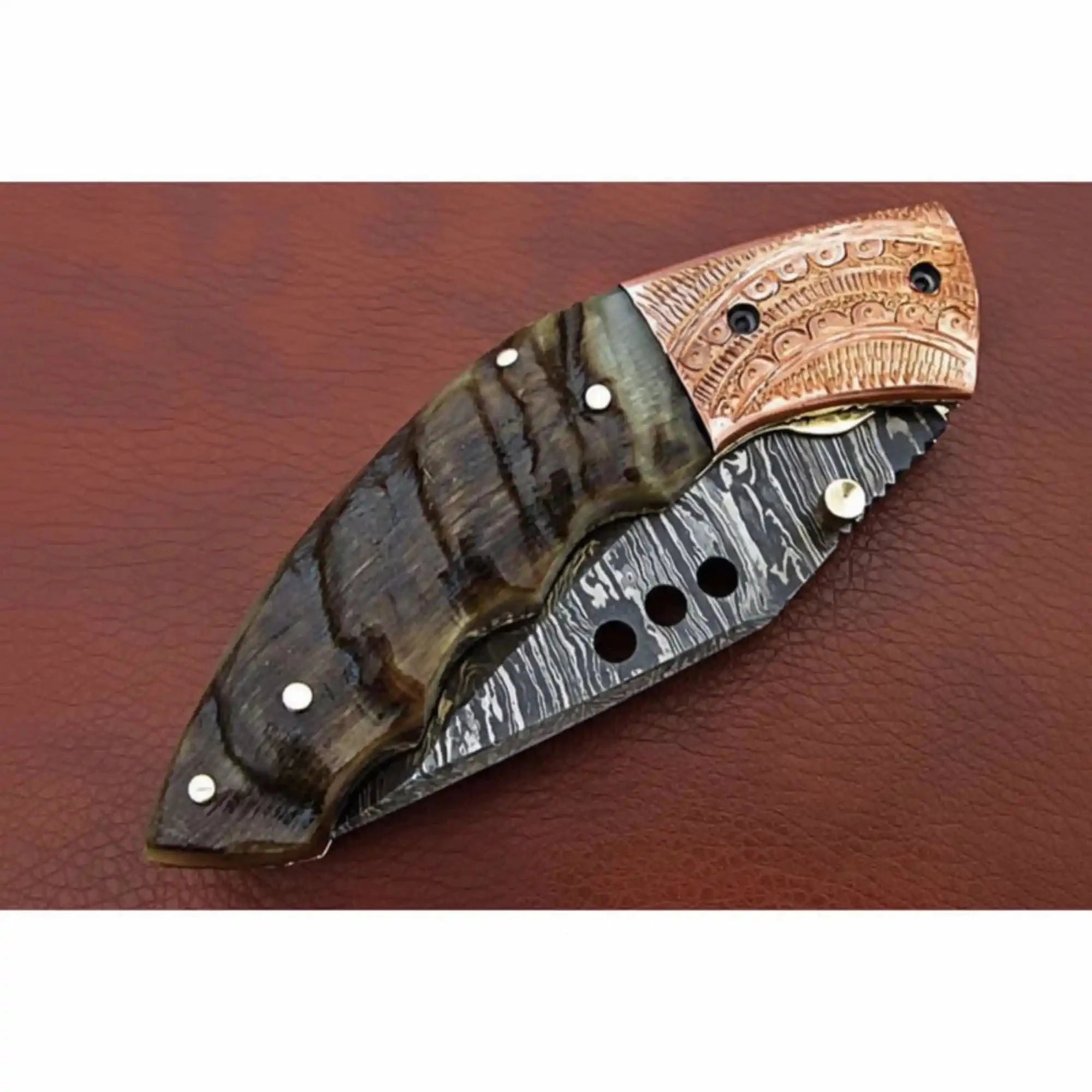 Handmade Damascus Steel Folding Knife with Engraved Metal Handle – Premium EDC Pocket Knife