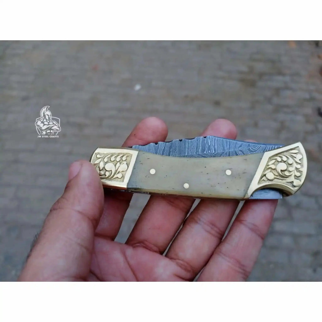 Handmade Damascus Steel Folding Knife with Gray Micarta Handle and Brass Thumb Stud – Custom EDC Pocket Knife by JW SteelCrafts