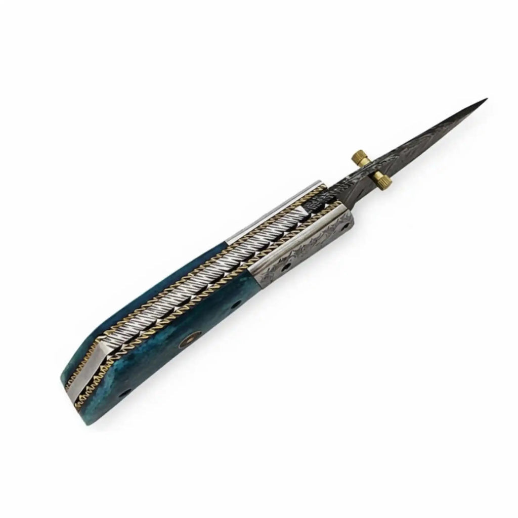 Handmade Damascus Steel Folding Knife with Teal Wood Handle & Engraved Bolster