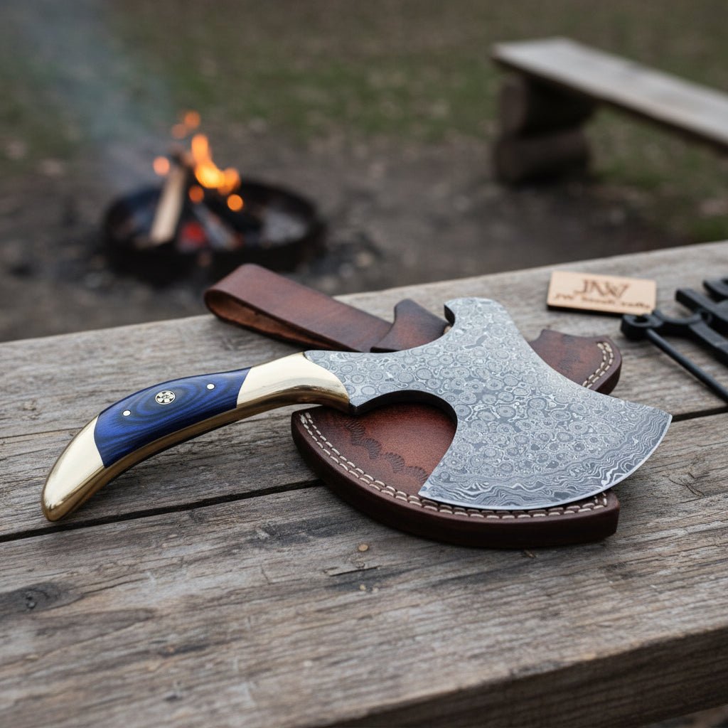 Handmade Damascus Steel Hatchet – Custom Hand Forged Camping Axe with Hardwood Handle & Leather Sheath | JW SteelCrafts