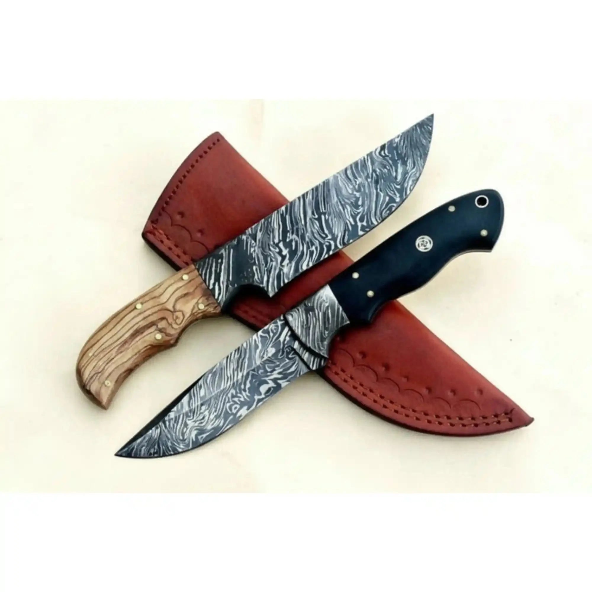 Handmade Damascus Steel Hunting Skinner Knife Lot of 2/ Fixed Blades knives with Leather Sheaths