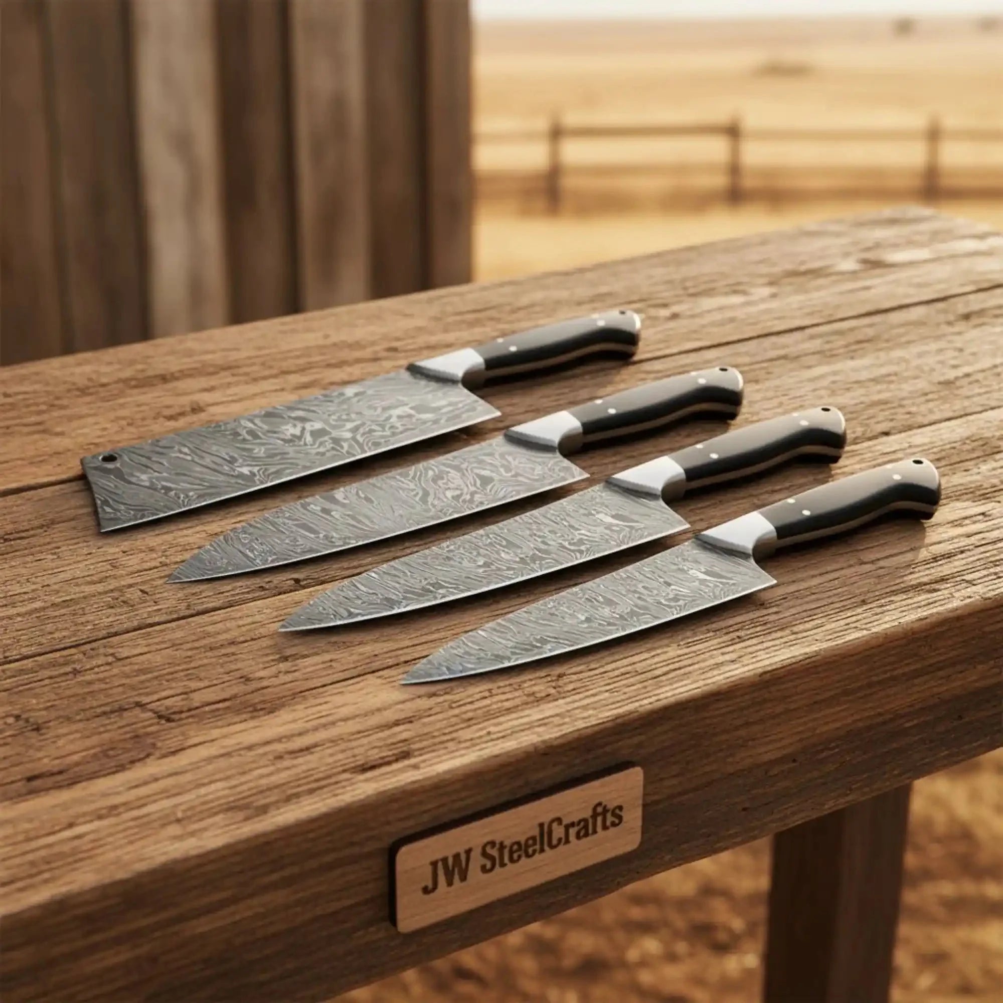 Handmade Damascus Steel Kitchen Knife Set, 4 Piece Chef, Santoku, Utility and Cleaver Knife Set with Black Pakka Wood Handles, Professional Cooking Knives JW SteelCrafts