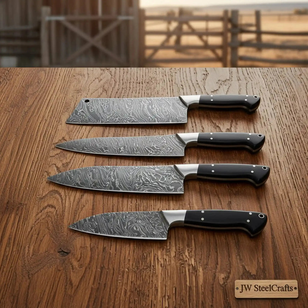 Handmade Damascus Steel Kitchen Knife Set, 4 Piece Chef, Santoku, Utility and Cleaver Knife Set with Black Pakka Wood Handles, Professional Cooking Knives JW SteelCrafts