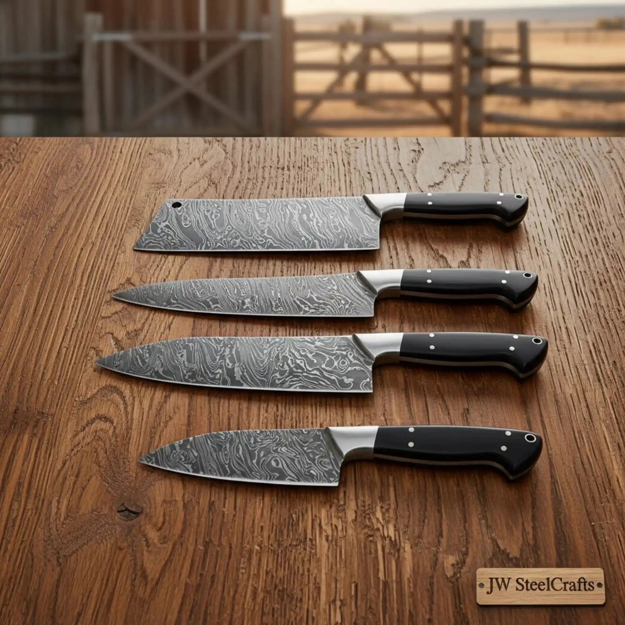 Handmade Damascus Steel Kitchen Knife Set, 4 Piece Chef, Santoku, Utility and Cleaver Knife Set with Black Pakka Wood Handles, Professional Cooking Knives JW SteelCrafts