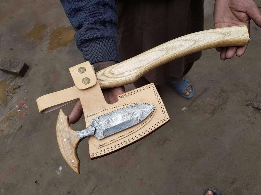 Handmade Damascus Steel Viking Axe and Matching Knife Set with Ash Wood Handle and Leather Sheath