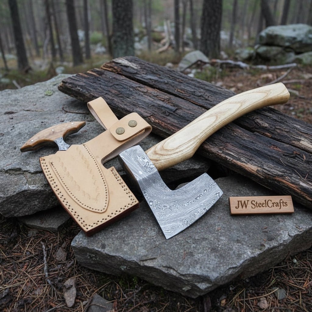 Handmade Damascus Steel Viking Axe and Matching Knife Set with Ash Wood Handle and Leather Sheath