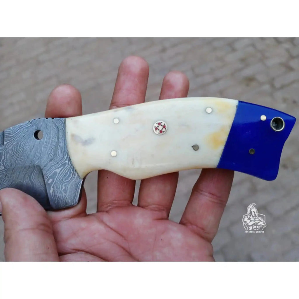 Handmade Damascus Tanto Knife with Bone and Blue Resin Handle, Fixed Blade Outdoor Utility Knife