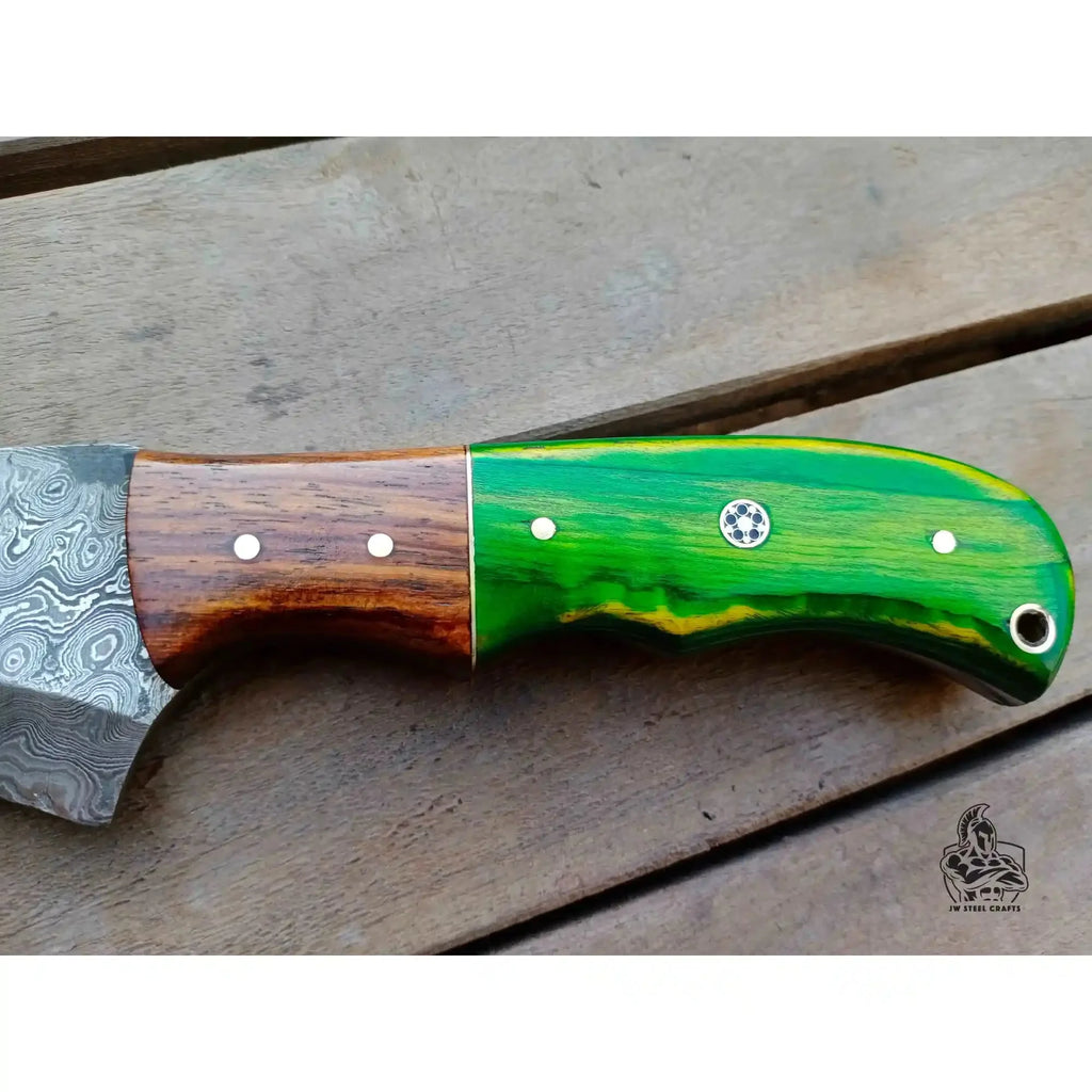 Handmade Damascus Tracker Knife 10 Inch with Green Pakka Wood and Rosewood Handle