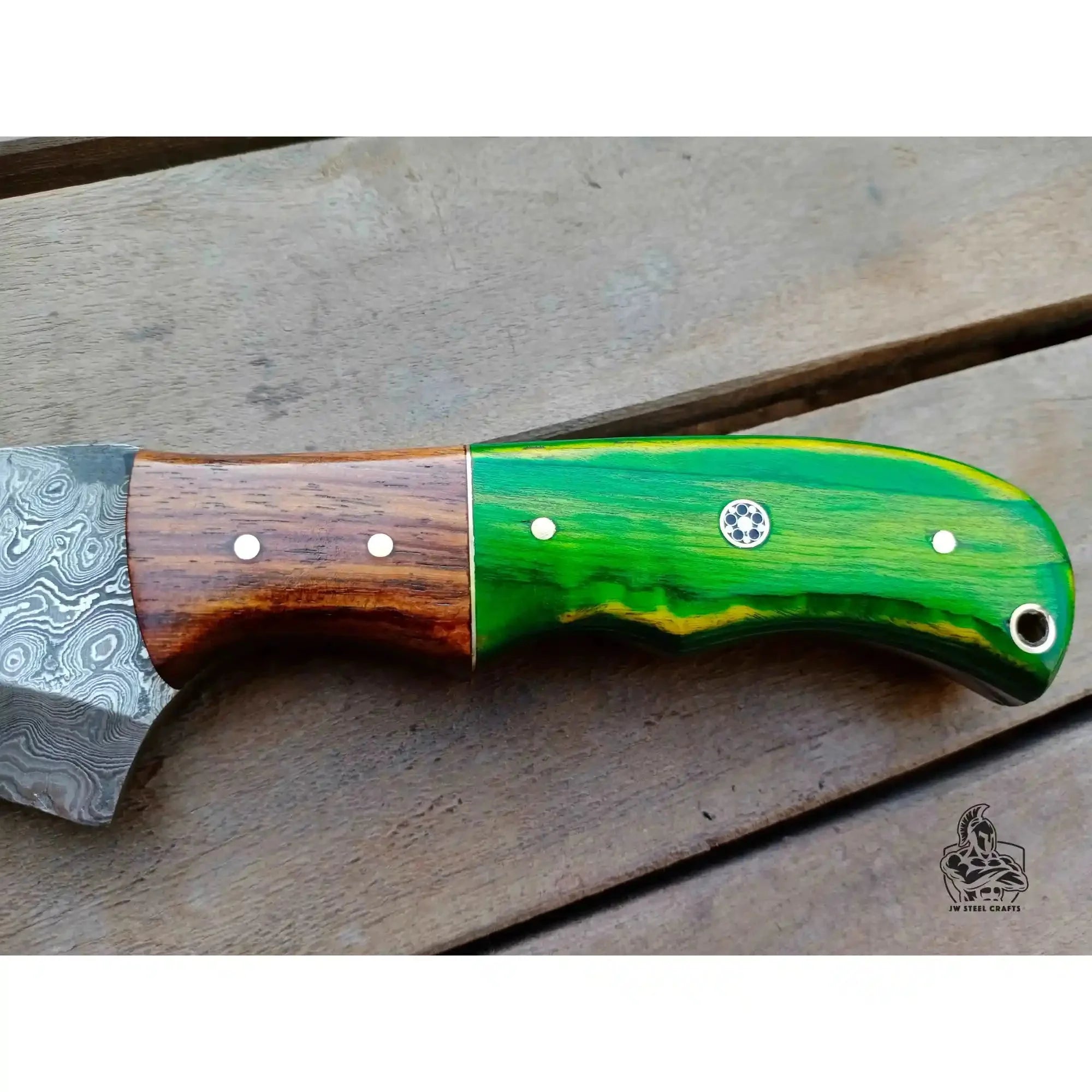 Handmade Damascus Tracker Knife 10 Inch with Green Pakka Wood and Rosewood Handle