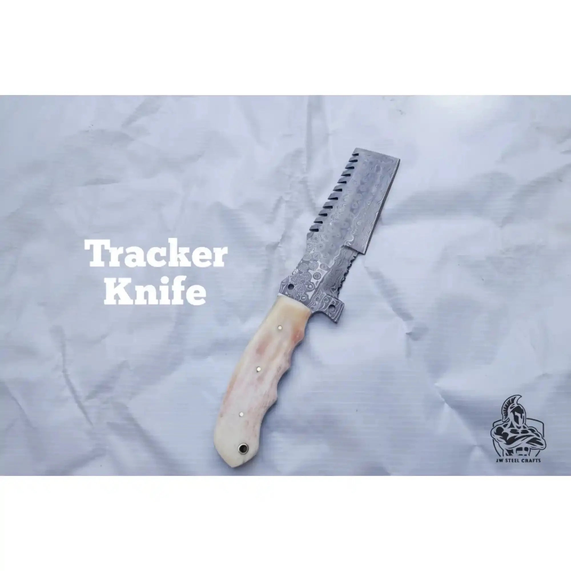 Handmade Damascus Tracker Knife with Bone Handle, Fixed Blade Bushcraft Survival Knife