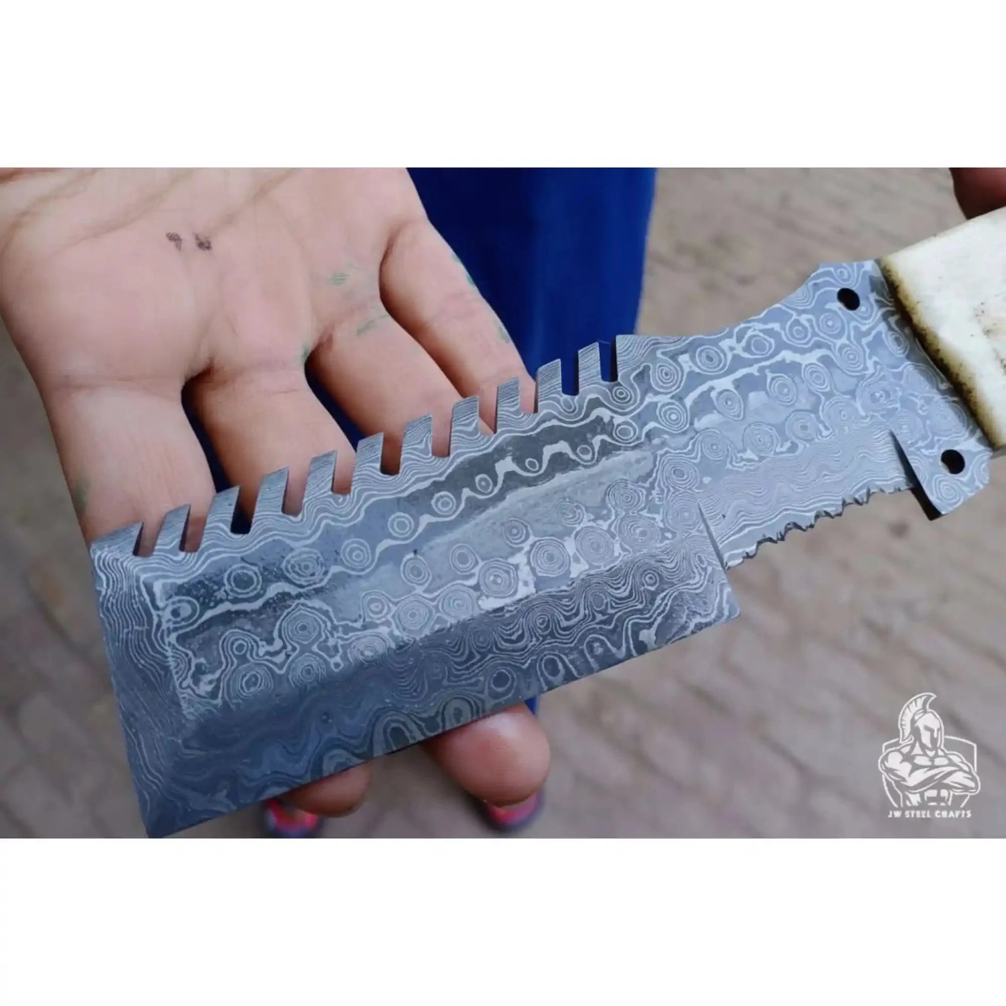 Handmade Damascus Tracker Knife with Bone Handle, Fixed Blade