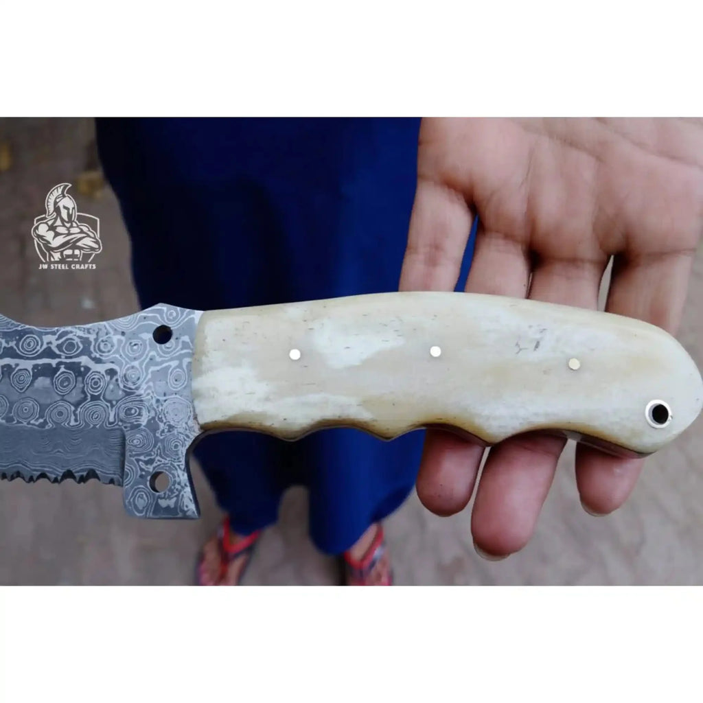 Handmade Damascus Tracker Knife with Bone Handle, Fixed Blade