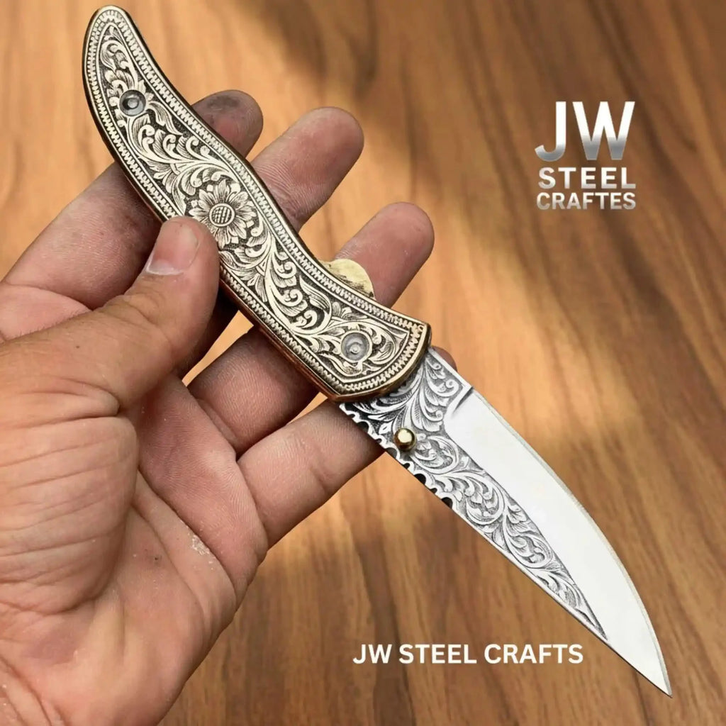 Handmade Engraved Damascus Folding Knife – Brass Handle EDC Pocket Knife
