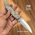 Handmade Engraved Damascus Folding Knife – Brass Handle EDC Pocket Knife